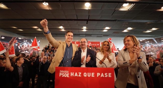 Sánchez, Lambán, Sumelzo y Alegría durante el acto en Zaragoza. Foto: PSOE