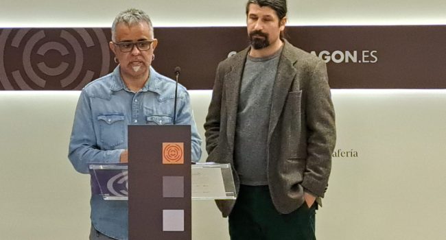 Corrales y Delgado en la rueda de prensa de este jueves en las Cortes | Foto: Podemos Aragón