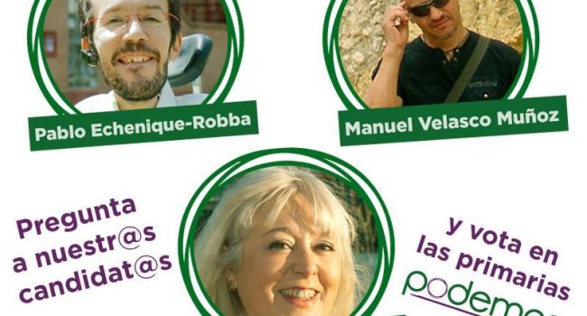 Una mesa instalada hoy en la plaza del Pilar de Zaragoza facilitará el voto presencial. En la imagen, cartel del acto de Podemos Zaragoza.