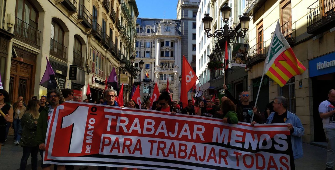 Pancarta de la movilización en Zaragoza de CGT, CATA, CNT, IA CO-BAS, CUT, SASA y SOA por el 1 de Mayo | Foto: @CGTARAGON