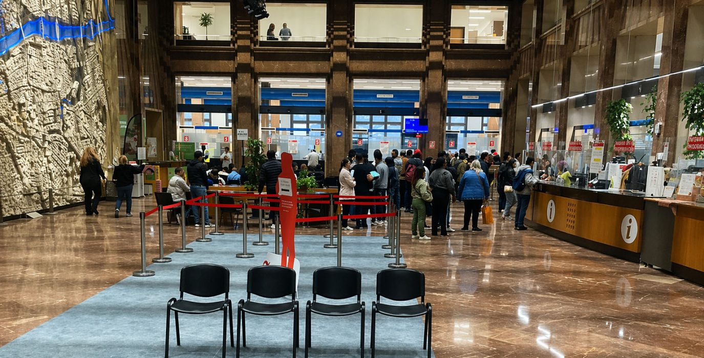El hall del Ayuntamiento de Zaragoza, prácticamente vacío en su interior, mientras esta mañana vecinos y vecinas hacían cola en la calle para solicitar el certificado de vulnerabilidad | Foto: ZeC