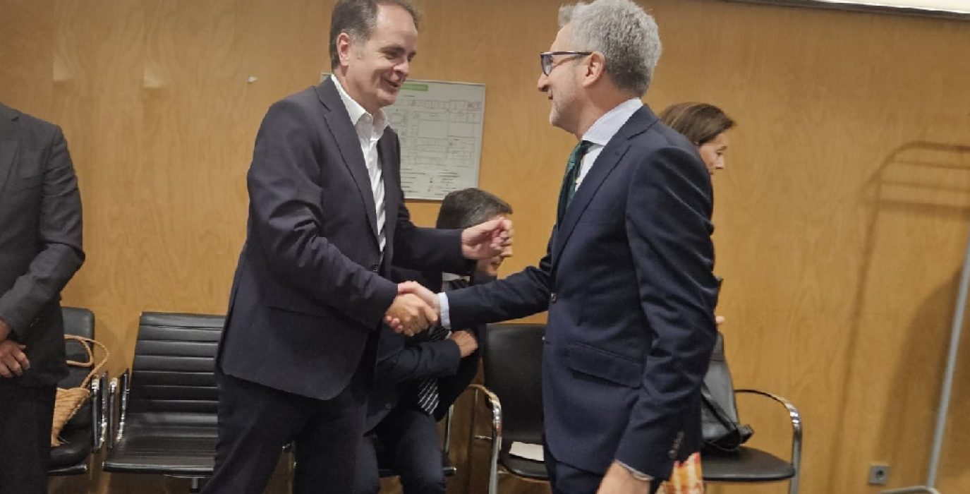 El consejero de Hacienda, Interior y Administración Pública de la coalición PP-Vox en la DGA, Roberto Bermúdez de Castro, saluda al ministro de Hacienda de la coalición PSOE-Sumar en el Gobierno del Estado español, Arcadi España, durante el último y reciente Consejo de Política Fiscal y Financiera (CPFF) | Foto: Gobierno de Aragón