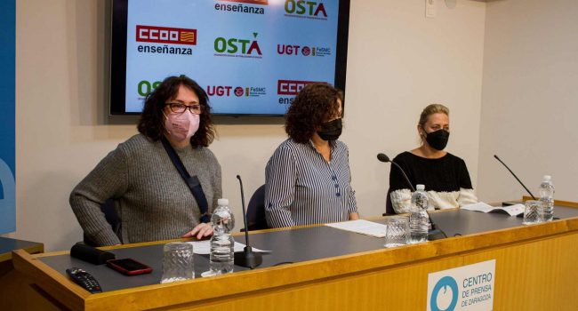Rueda de prensa de las delegaciones sindicales de monitoras de comedor de OSTA, CCOO y UGT | Foto: CCOO Aragón