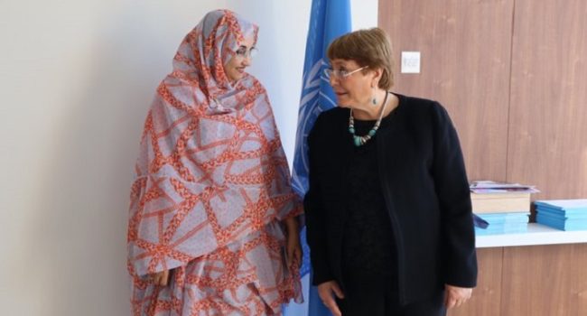 Michelle Bachelet junto a Aminatou Haidar el pasado 28 de febrero de 2020.  Foto: Right Livelihood Foundation