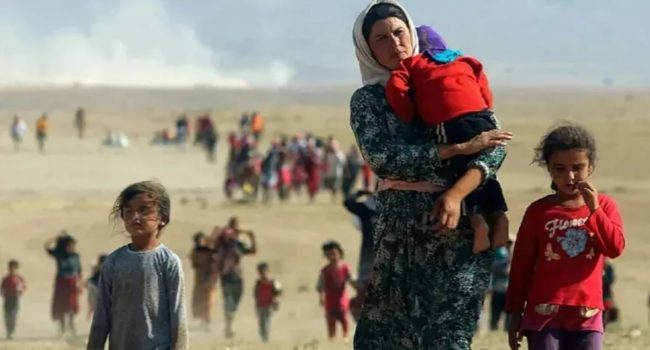Familias yazidíes huyen de Shengal durante la ofensiva de Daesh en agosto de 2014, inicio del genocidio reconocido por numerosos países | Foto: ANHA (Hawar News Agency)