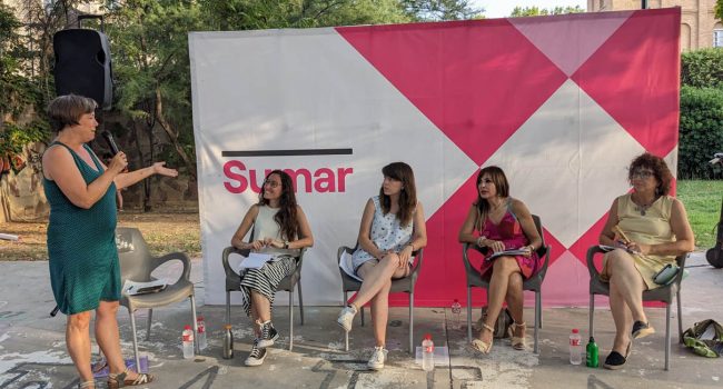 Laura Vergara, Sandra González, Isabel Giménez y Rosa Magallón, en el acto de este lunes | Foto: @SumarAragon