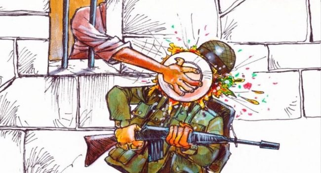 Viñeta sobre la huelga de hambre de las presas y presos palestinos publicada en la web Handala.ps.