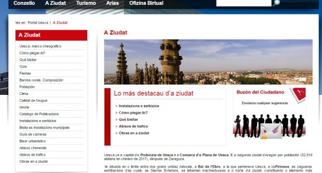 Pantallazo de la web del Ayuntamiento de Uesca en aragonés.