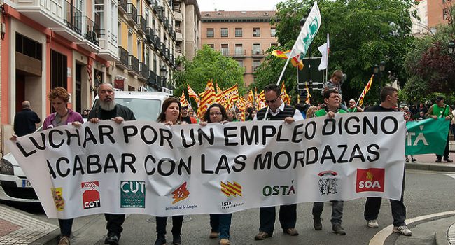 Cabecera de la manifestación de CATA, CGT, CUT, IA, ISTA, OSTA, SASA y SOA en Zaragoza el pasado año. Foto: Diego Díaz (AraInfo)