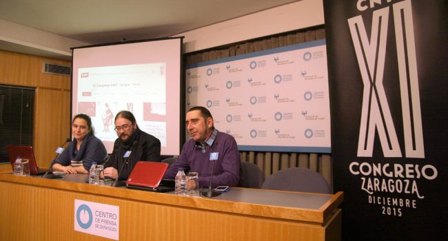 Imagen de la rueda de prensa celebrada este viernes por el sindicato en Zaragoza. Foto: CNT