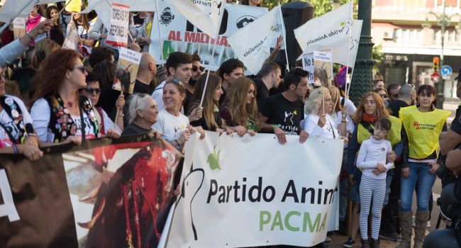 Miembros de PACMA en la pasada manifestación antitaurina de Zaragoza. Foto: Pablo Ibáñez (AraInfo)