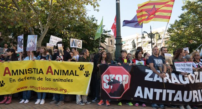Manifestación antitaurina en los Pilares 2016 de Zaragoza. Foto: Pablo Ibáñez (AraInfo)