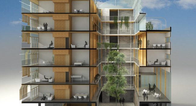 Maqueta del edificio de 28 viviendas en el recinto de Can Batlló.