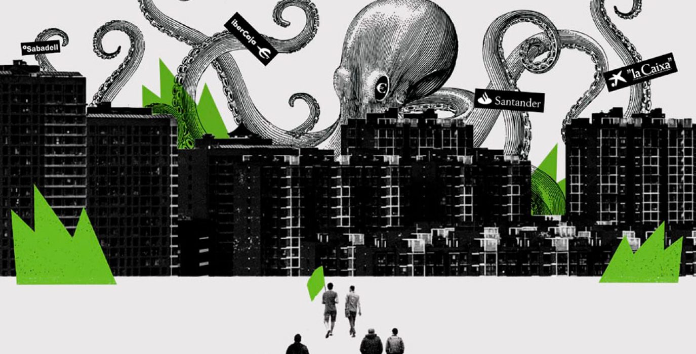 un pulpo con brazos con los nombres de bancos encima de unos bloques de vivienda como alegoría del desahucio