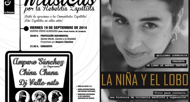 Cartel del y de la doble presentación del libro de Amparo Sánchez (ex Amparanoia).
