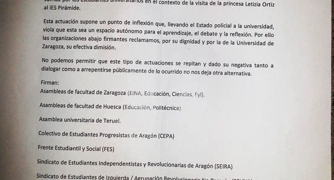 La carta dirigida al Rector, ha sido entregada en la Secretaría General del Paraninfo de la Universidad de Zaragoza. Foto: SEIRA