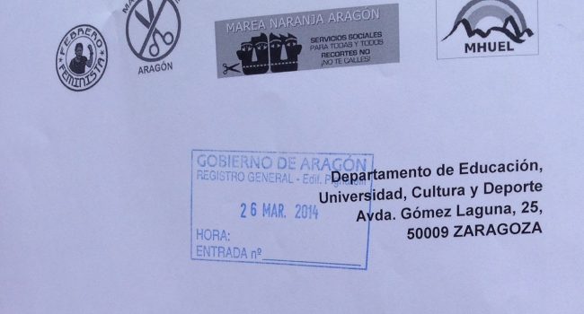 Solicitud dirigida a la consejera de Educación, Dolores Serrat, para la publicación de la convocatoria del concurso en la web de EducAragón.