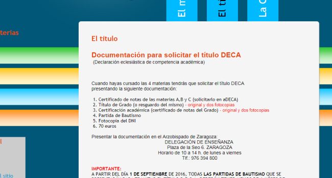 Pantallazo de la página de la Universidad de Zaragoza con los requisitos para la obtención del título DECA.