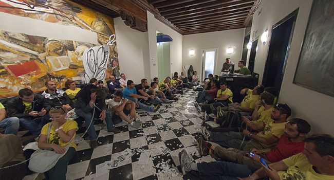 Las y los jardineros durante el encierro en el Torreón Fortea. Foto: Diego Díaz (AraInfo)