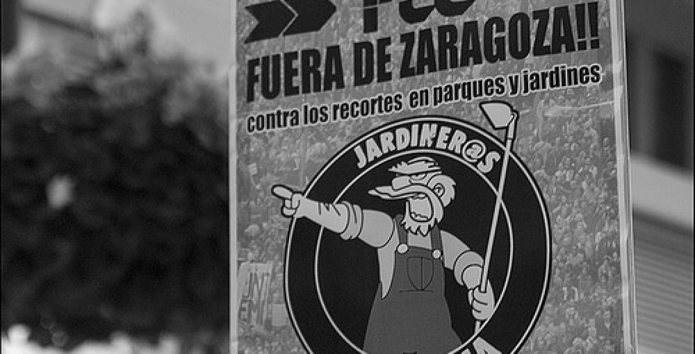 Cartel de Jardineros en Lucha en la manifestación del pasado jueves 27 de febrero de Foro Público 100%. Foto: Diego Díaz