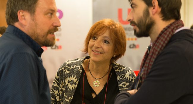 Rosa Magallón, junto a Pepe Soro y Álvaro Sanz en la noche electoral de UP Aragón. Foto: Pablo Ibáñez (AraInfo)
