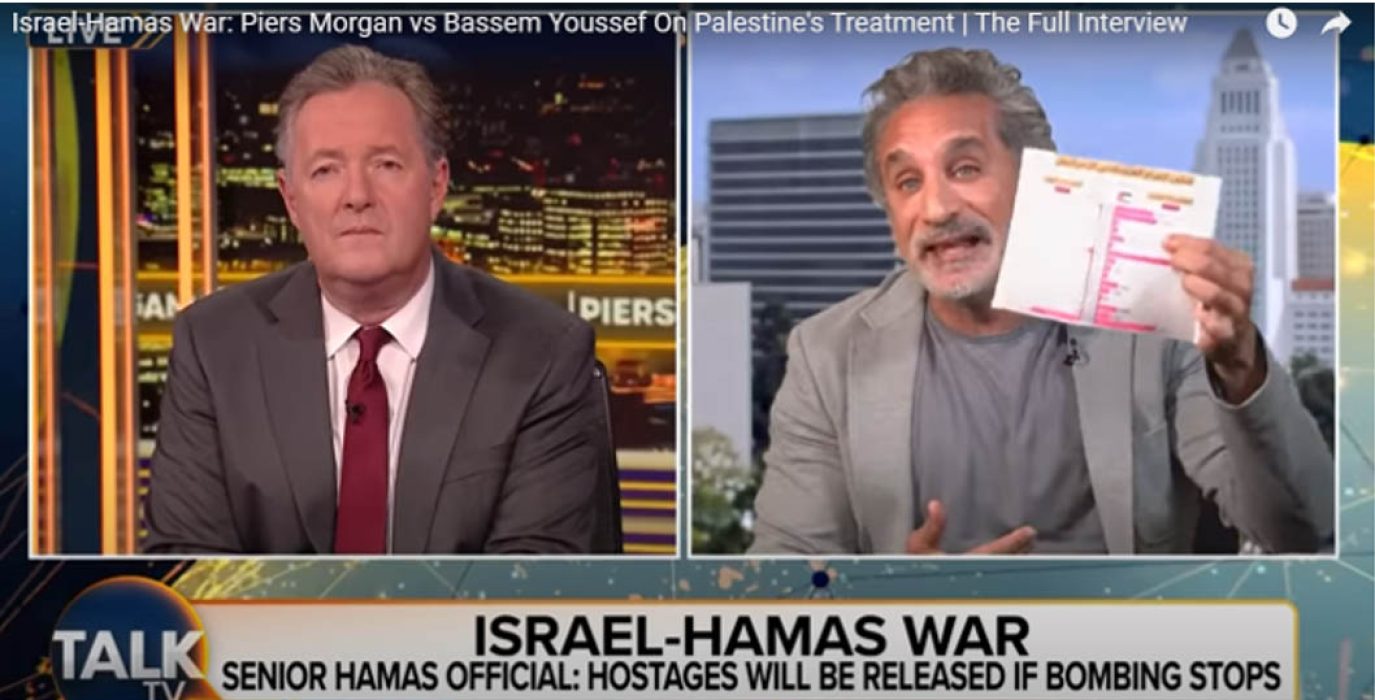 El humorista egipcio Bassem Yoyssef en el programa “Piers Morgan Uncensored”.