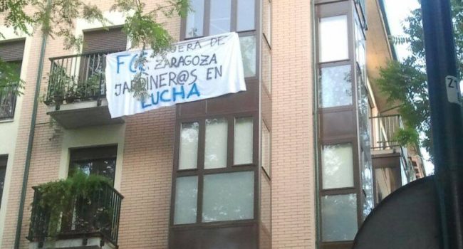 Una pancarta en un balcón zaragozano en apoyo a la huelga indefinida. Foto: CGT Jardinería