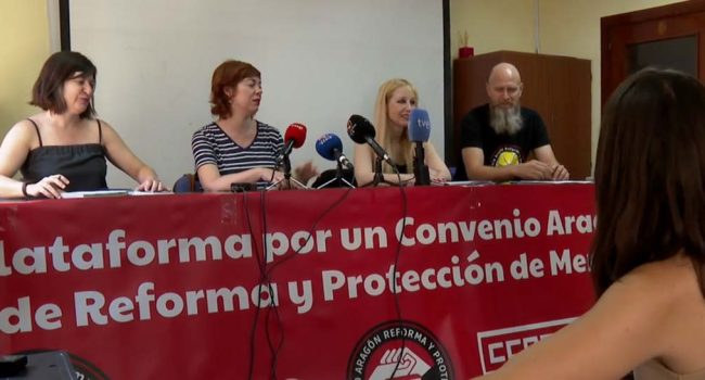 Un instante de la rueda de prensa de este lunes de los tres sindicatos y la ‘Plataforma por un convenio aragonés de Reforma y Protección de Menores’. | Foto: Aragón TV