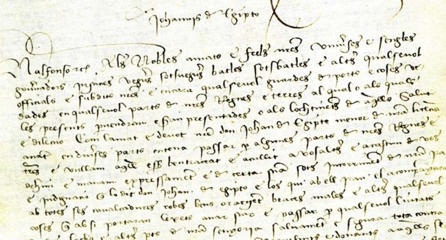 Detalle de la transcripción del salvoconducto otorgado por el Rey Alfonso V de Aragón en 1425.
