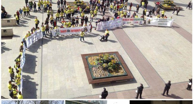 Toda la plantilla de FCC Parques y Jardines secundó el tercer día de paros convocados este lunes | Arriba, concentración en Zaragoza. Abajo de izquierda a derecha, solidaridad en Bilbo, Madrid y Salamanca. Fotos: CGT