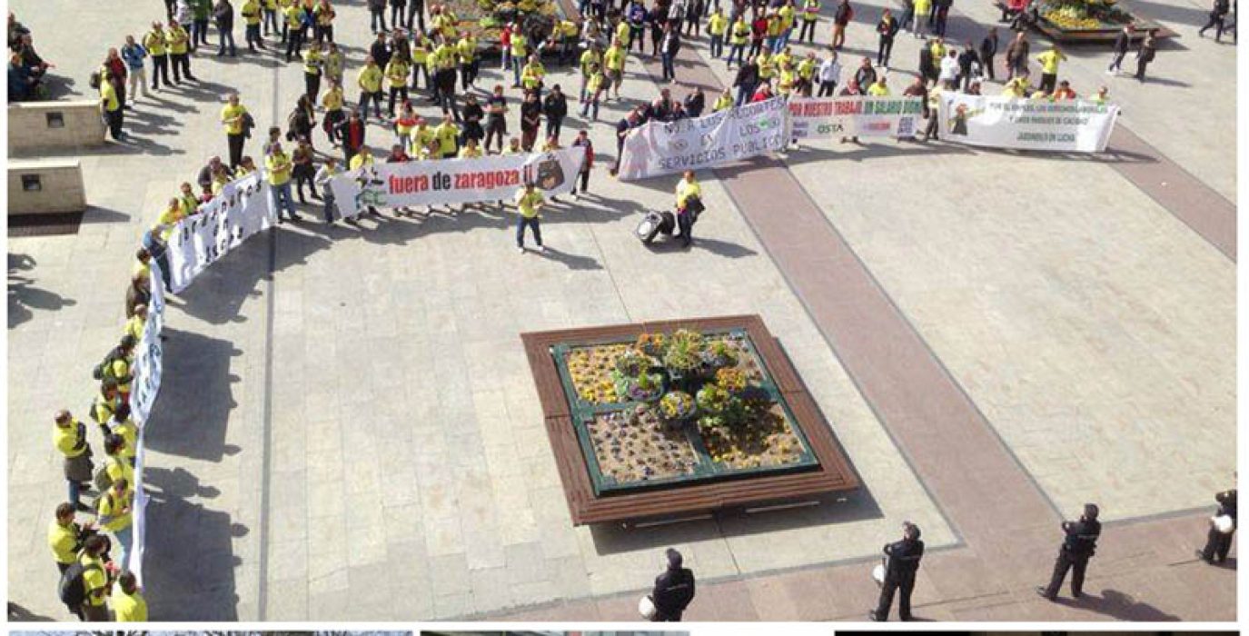 Toda la plantilla de FCC Parques y Jardines secundó el tercer día de paros convocados este lunes | Arriba, concentración en Zaragoza. Abajo de izquierda a derecha, solidaridad en Bilbo, Madrid y Salamanca. Fotos: CGT