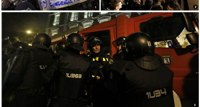 1.- Madrid. Foto: eldiario.es / 2.- Uviéu. Foto: @Farodeabajo / 3.- Madrid. Detención de un bombero. Foto: Olmo Calvo (eldiario.es) / 4.- Madrid. Foto: @juancarlosmohr