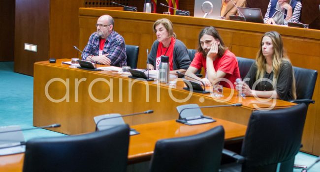 Representantes de la plataforma durante su intervención en las Cortes. Foto: Pablo Ibañez (AraInfo)