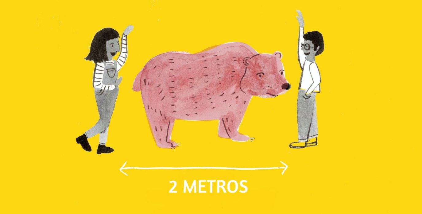 Ilustración de la ONU recordando el distanciamiento social.