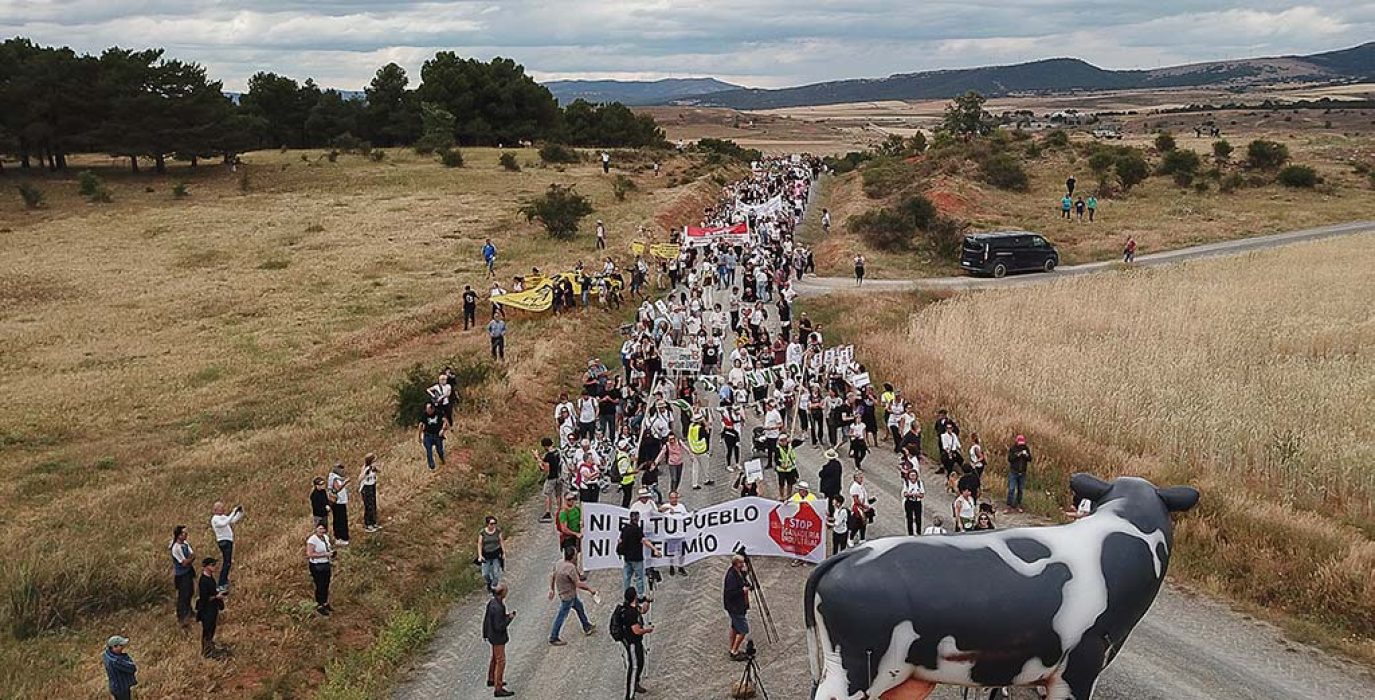 centenares de personas andando hacia una vaca hinchable en Noviercas