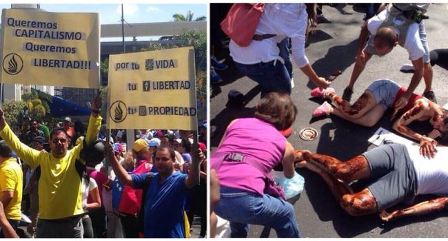 A la izquierda, las reivindicaciones de la extrema derecha venezolana. A la derecha, un grupo de manifestantes opositores a Maduro se pintan de rojo para simular sangre.