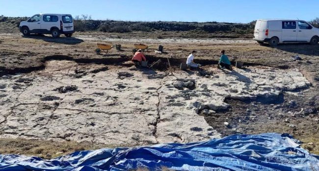 Trabajos de excavación en el yacimiento de icnitas de dinosaurios Santa Ana en Ababuj. | Foto: Fundación Conjunto Paleontológico de Teruel-Dinópolis