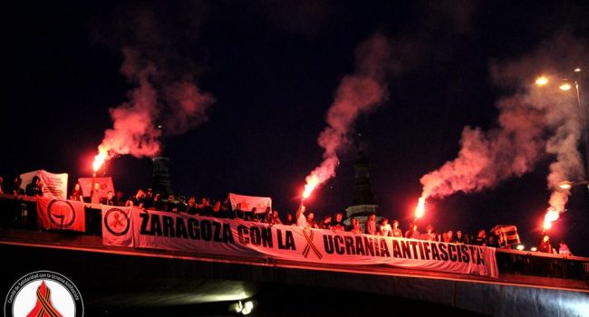 Acto en Zaragoza en apoyo a la Ucrania antifascista. Foto: Comité de Solidaridad con la Ucrania Antifascista de Zaragoza